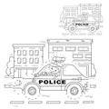Educational Puzzle Game for kids: numbers game. Police car. Coloring Page Outline Of cartoon policeman with car. Coloring book for