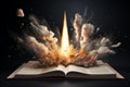 Educational Rocket coming out of open book banner. Generate Ai