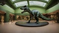 An educational scene with a dinosaur sculpture in a museum. The sculpture is large and green,