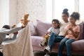 African father hold puppet toys showing theatrical performance for family Royalty Free Stock Photo