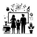 Educational Silhouette Illustration of Teacher, Student, and Parent in Classroom Setting Royalty Free Stock Photo
