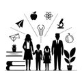 Educational Silhouette Illustration of Teacher, Student, and Parent in Classroom Setting Royalty Free Stock Photo