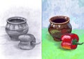 Educational still life `Ceramic Pot and Sweet Pepper`. Drawing and painting