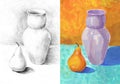 Educational still life `Krynka and Pear.` Drawing and painting Royalty Free Stock Photo