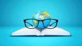 Educational study concept illustrated by globe and glasses on book emphasizing global learning and international education program Royalty Free Stock Photo