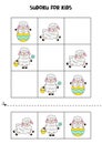 Educational sudoku game with cartoon Easter lambs for kids.