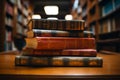 Educational tableau stacked books, blurred library bookshelves, study ambiance