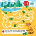 Educational task for children. Learn and play maze with instructions. Help baby camel get to oasis and collect all cacti