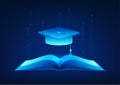 Educational Technology A book with degree cap on top represents modern education that uses technology as a medium for learning to Royalty Free Stock Photo