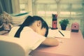 Educational theme: schoolgirl sleeping on her textbooks in home Royalty Free Stock Photo