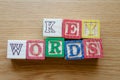 Educational toy cubes with letters organised to display word KEYWORDS - editing metadata and Search engine optimisation