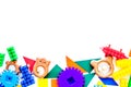 Educational toys for children mockup. Plastic lego blocks and clacks on white background top view copy space