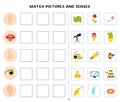 Match of sense organs and objects. Educational worksheet for kids. Royalty Free Stock Photo