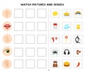 Match of sense organs and objects. Educational worksheet for kids. Royalty Free Stock Photo
