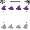 Educational worksheet for kids. Halloween games. Match shadows