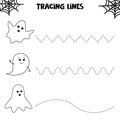 Educational worksheet for kids. Halloween games, tracing lines with ghosts. Handwriting practice