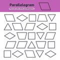 Educational worksheet for kids kindergarten, preschool and school age. Geometric shapes. Rhombus, parallelogram, triangle, square Royalty Free Stock Photo