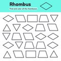 Educational worksheet for kids kindergarten, preschool and school age. Geometric shapes. Rhombus, parallelogram Royalty Free Stock Photo