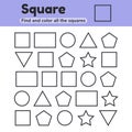 Educational worksheet for kids kindergarten, preschool and school age. Geometric shapes. Square, star, triangle, rectangle,