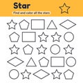 Educational worksheet for kids kindergarten, preschool and school age. Geometric shapes. Star, triangle, pentagon