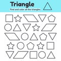 Educational worksheet for kids kindergarten, preschool and school age. Geometric shapes. Triangle, star, circle