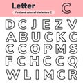 Educational worksheet for kids kindergarten, preschool and school age. Letters. Find and color.