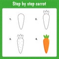 Educational worksheet for kids. Step by step drawing illustration. Carrot. Vegetable. Activity page for preschool education