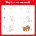 Educational worksheet for kids. Step by step drawing illustration. Mammoth Royalty Free Stock Photo