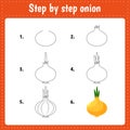 Educational worksheet for kids. Step by step drawing illustration. Onion