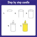 Educational worksheet for kids. Step by step drawing illustration. Candle