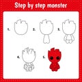 Educational worksheet for kids. Step by step drawing illustration. Monster