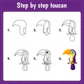 Educational worksheet for kids. Step by step drawing illustration. Toucan