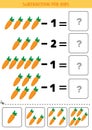 Educational worksheet for kids. Subtraction for kids with carrots. Math game for preschool kids