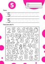 Educational worksheet for preschool and school kids. Number game for children. Trace, find and color five. illustration Royalty Free Stock Photo