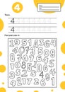 Educational worksheet for preschool and school kids. Number game for children. Trace, find and color four. illustration