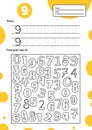 Educational worksheet for preschool and school kids. Number game for children. Trace, find and color nine Royalty Free Stock Photo