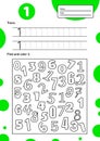 Educational worksheet for preschool and school kids. Number game for children. Trace, find and color one. illustration Royalty Free Stock Photo