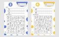 Educational worksheet for preschool and school kids. Number game for children. Trace, find and color. Three, four