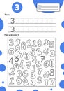 Educational worksheet for preschool and school kids. Number game for children. Trace, find and color three. illustration