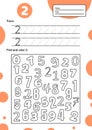 Educational worksheet for preschool and school kids. Number game for children. Trace, find and color two. illustration Royalty Free Stock Photo