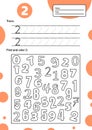 Educational worksheet for preschool and school kids. Number game for children. Trace, find and color two.