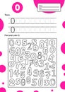 Educational worksheet for preschool and school kids. Number game for children. Trace, find and color zero. illustration Royalty Free Stock Photo