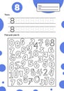 Educational worksheet for preschool and school kids. Number game for children. Trace, fing and color eight. Vector