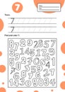 Educational worksheet for preschool and school kids. Number game for children. Trace, fing and color seven.