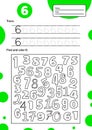 Educational worksheet for preschool and school kids. Number game for children. Trace, fing and color six.
