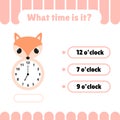 Educational worksheets for kids with clock. Learning time game on the clock