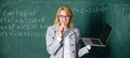 Educator smart clever lady with modern laptop surfing internet chalkboard background. Digital technologies concept. Idea
