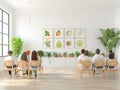 Educators discussing bilingual teaching methods in a seminar room, equipped with multilingual educational posters on the walls