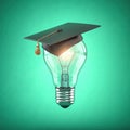 Eduction and gradfuation concept. Light bulb with graduation hat on green background