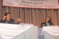 Edward James Olmos and radio host Michael Jackson during conference, South Central Los Angeles, California